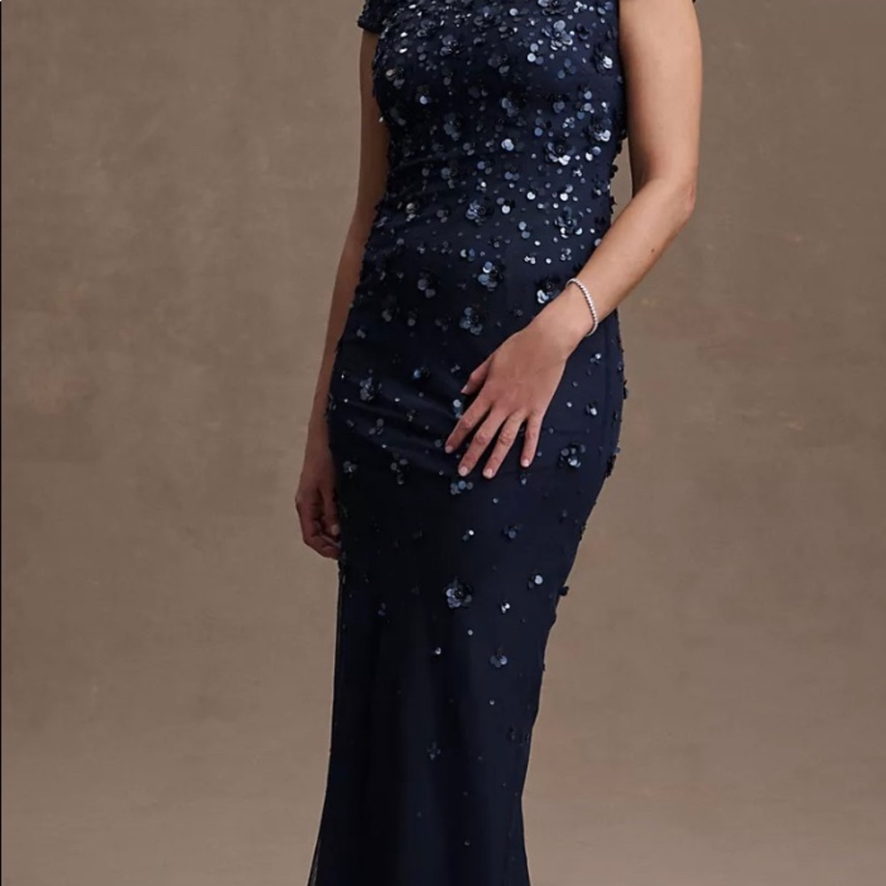 Navy beaded off shoulder Mother of the Bride dress, worn once no alterations.